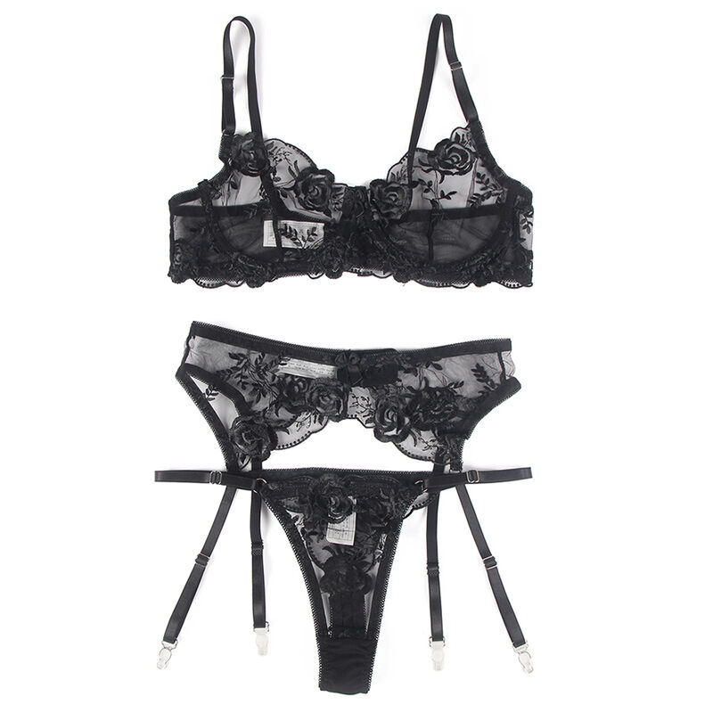 SUBBLIME - SET DE 3 PIEZAS SUJETADOR + TANGA + LIGA ESTAMPADO FLORAL NEGRO L/XL - Imagen 6