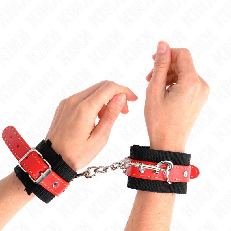 KINK - MUÑEQUERAS DE NYLON NEGRO CON CORREA POLIPIEL ROJO AJUSTABLE 19-24 CM X 5.5 CM - Imagen 4