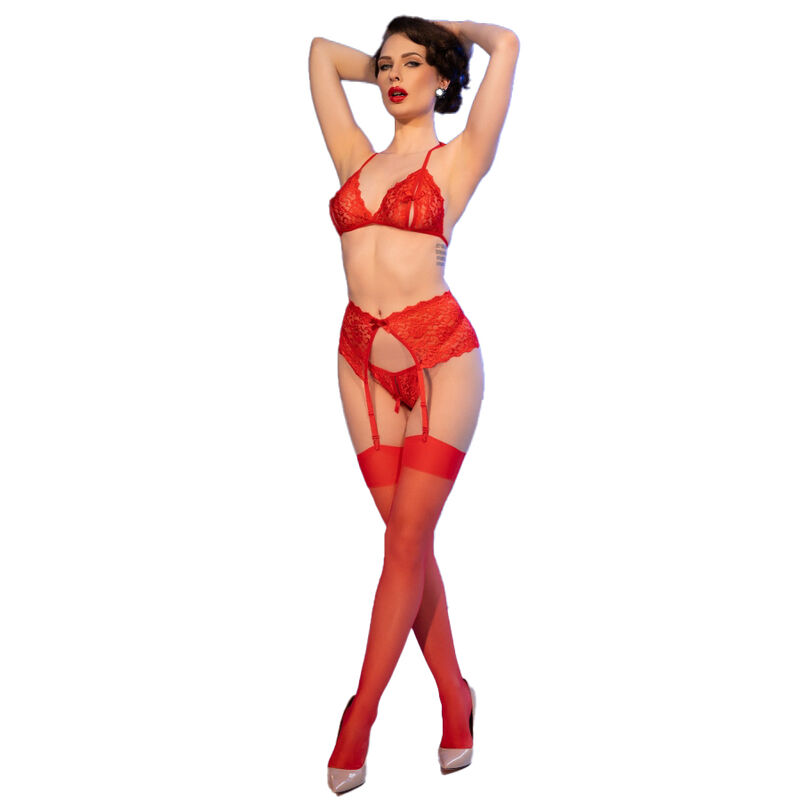 CHILIROSE - CR 4848 SET SUJETADOR + TANGA + MEDIAS DE ENCAJE ROJO XL - Imagen 4